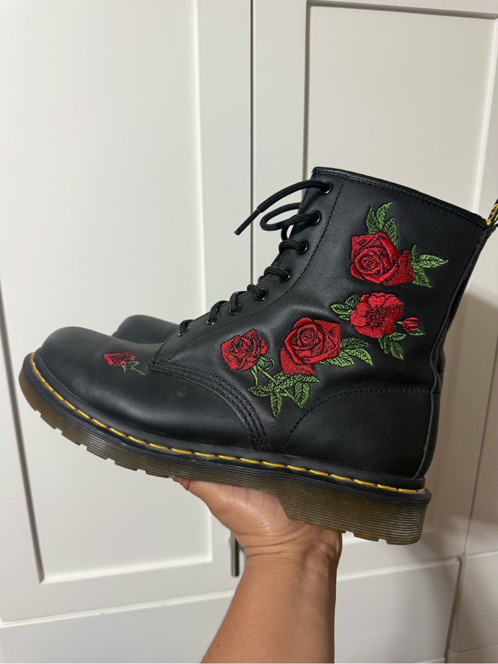Dr. Martens Black Lace-Up Boots with Red Rose Embroidery
